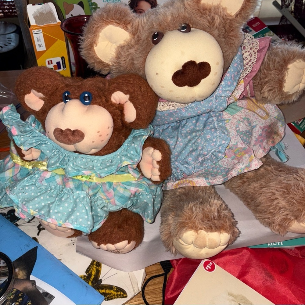 Vintage Cabbage Patch Brown and Blue Teddy Bear Set